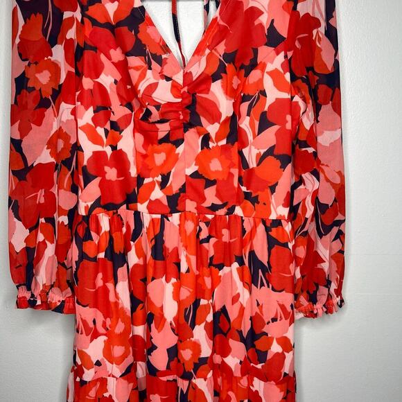 Sincerely Jules Red Floral Maxi Dress Sz M 3/4 Sleeve Smocked Back V-Neck Lined - Picture 3 of 12